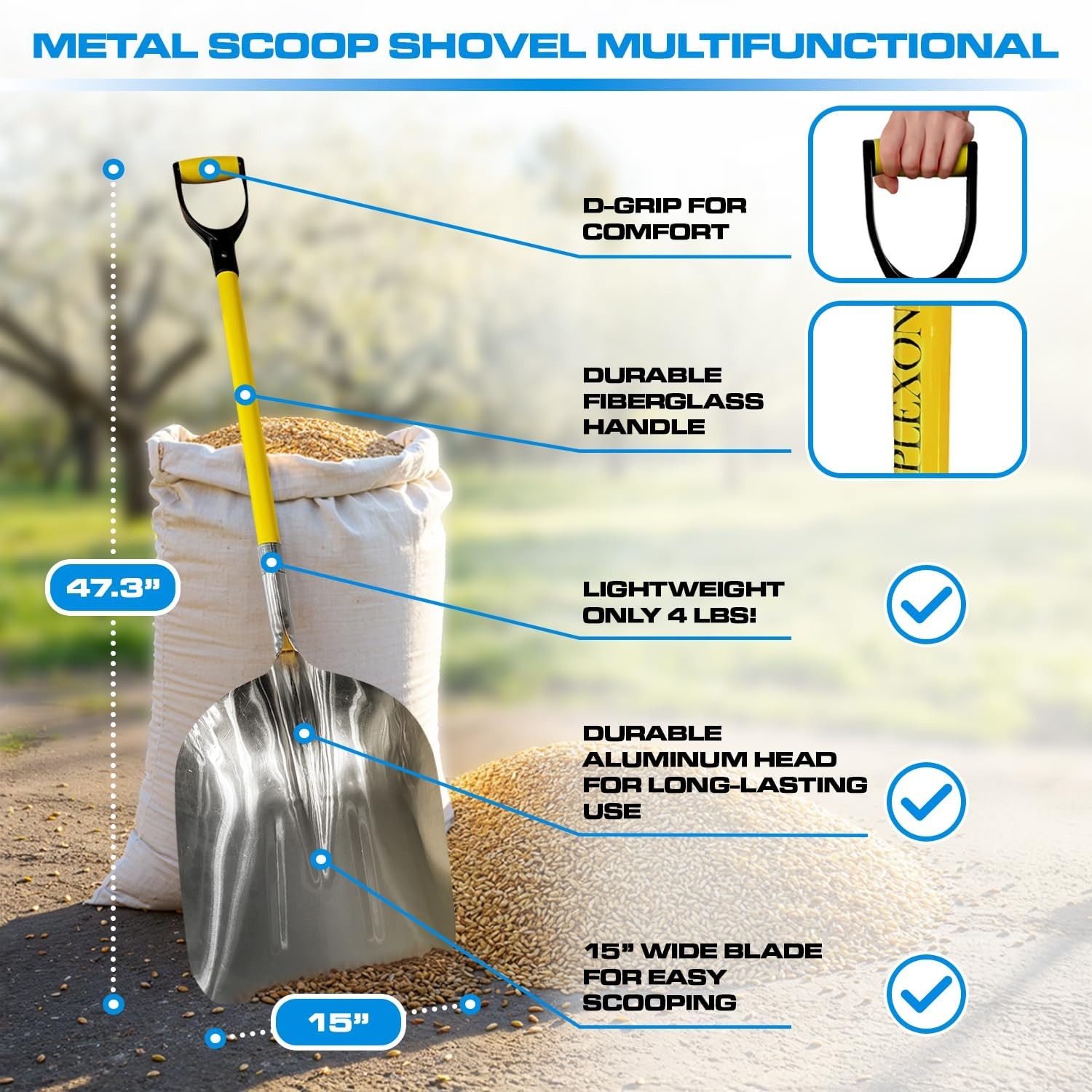 Plexon Metal Scoop Shovel 15" Blade - Aluminium Steel Snow Shovel for Drivewa...