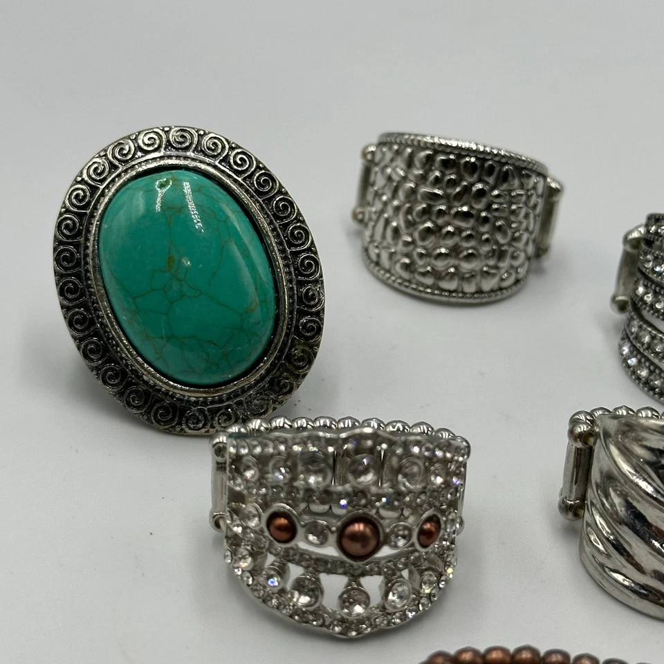 Lote de 6 anillos elásticos plata tono cobre estilos mixtos estrás imitación turquesa Foto 4 de 4