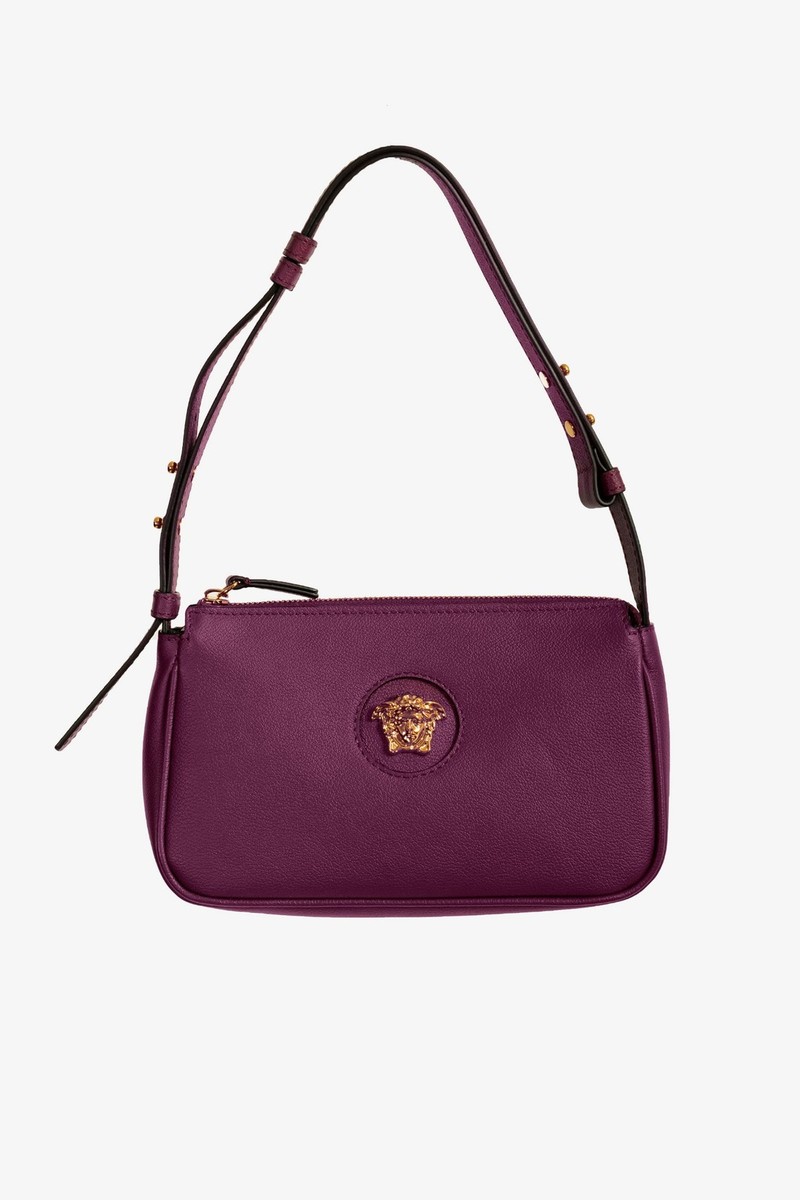Versace Plum Purple Grainy Leather Gold Medusa Small Handbag