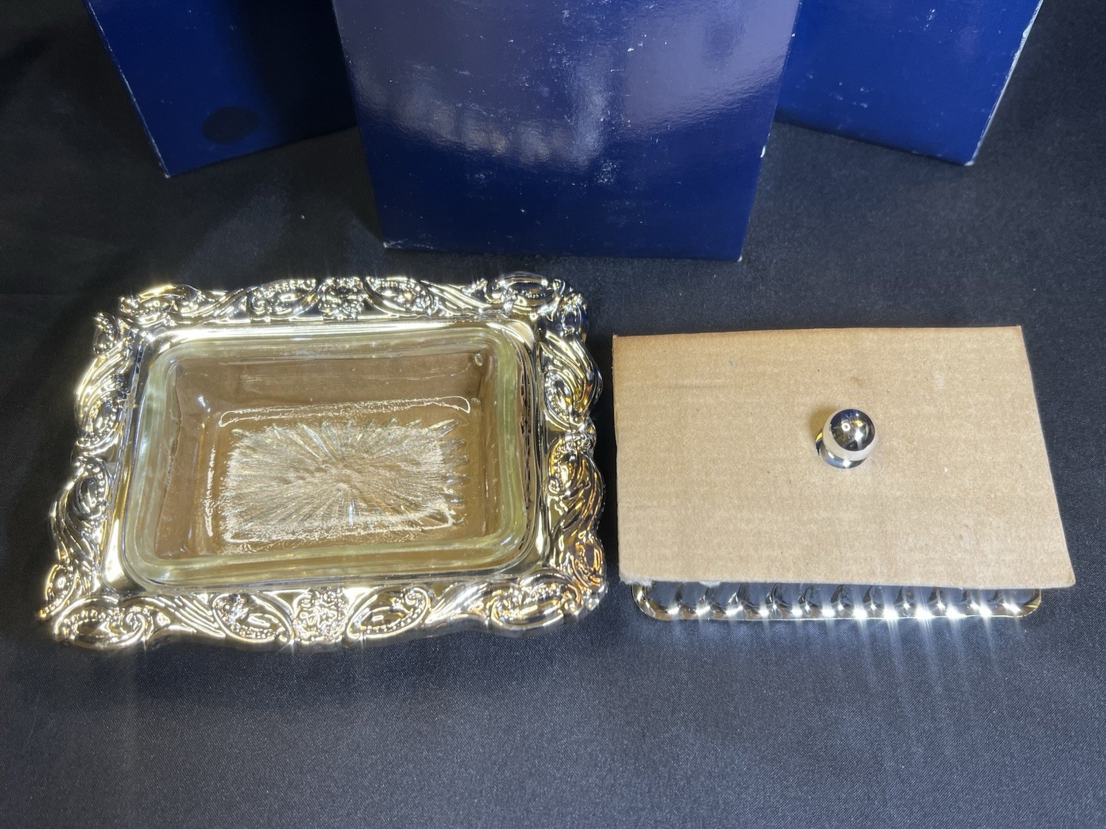 NOS Vintage Silver Plate Butter Dish Ornate with Glass Insert 4.75” Unique Size