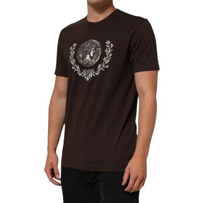 トップス 00s dolce&gabbana brown glitter tee DOLCE & GABBANA T-shirt Brown Coin Laurel Print Men Crew Neck IT50