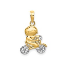 14k Two-Tone Gold Pendant Kid on Bicycle Charm for Necklace Youth Symbolic Jewel