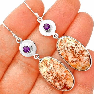 Natural Red Moss Agate & Amethyst 925 Sterling Silver Earrings Jewelry E-1081