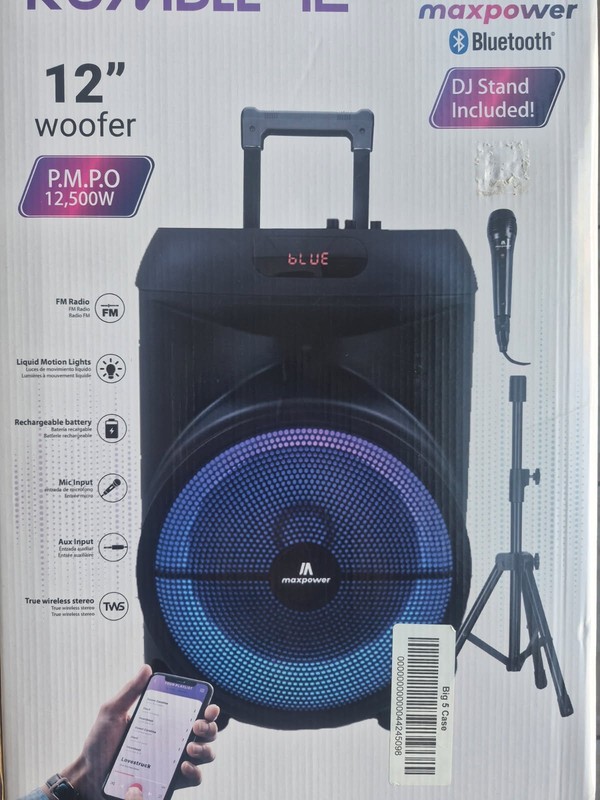 Maxpower RUMBLE Portable Bluetooth Speaker 12" Woofer Liquid Lights Stand & Mic