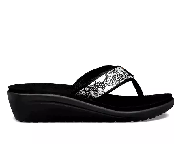 NWOB WOMENS 10 HARMONY BLACK WHITE SILVER TEVA VOYA WEDGE SANDALS