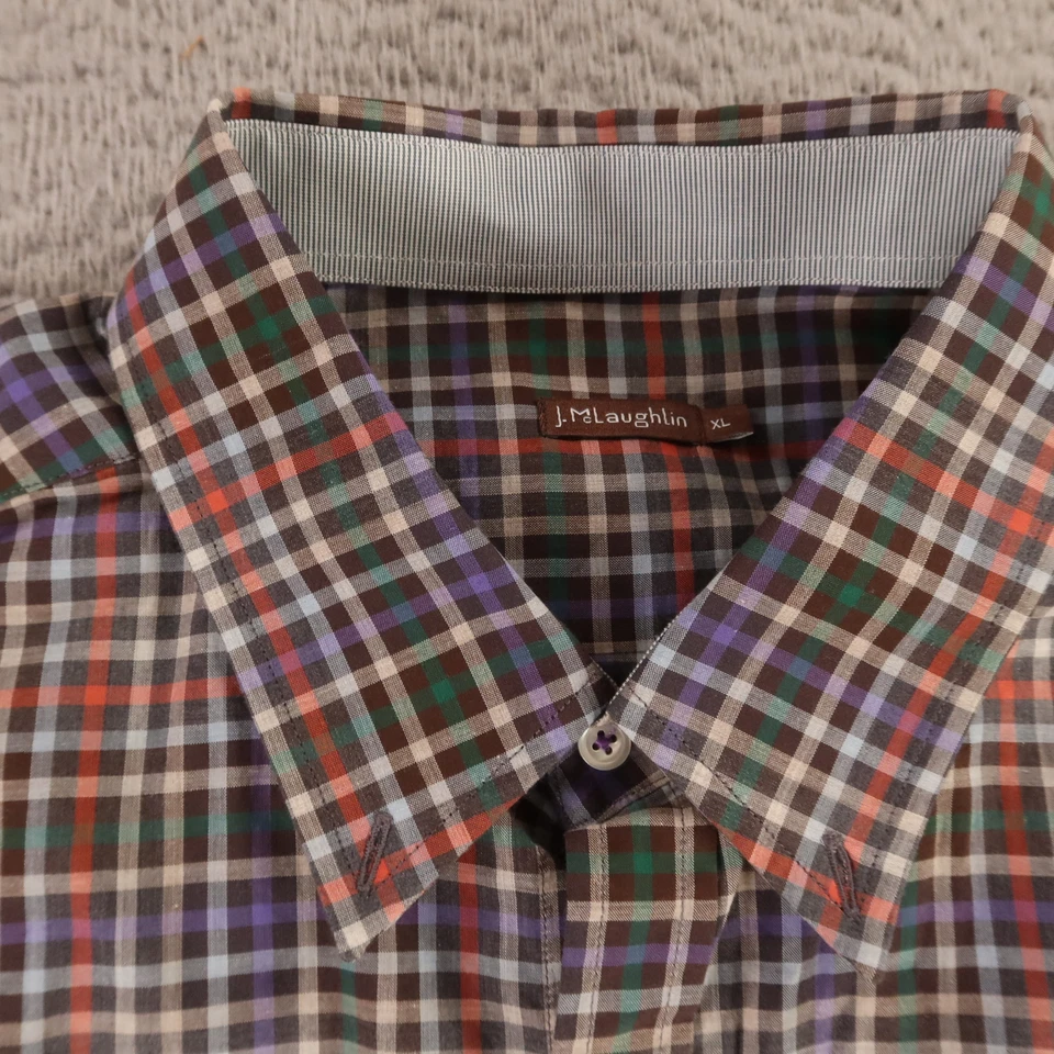 J McLaughlin Shirt Mens XL Brown Red Gingham Check 100% Cotton Tartan Button Up - Image 2 of 4