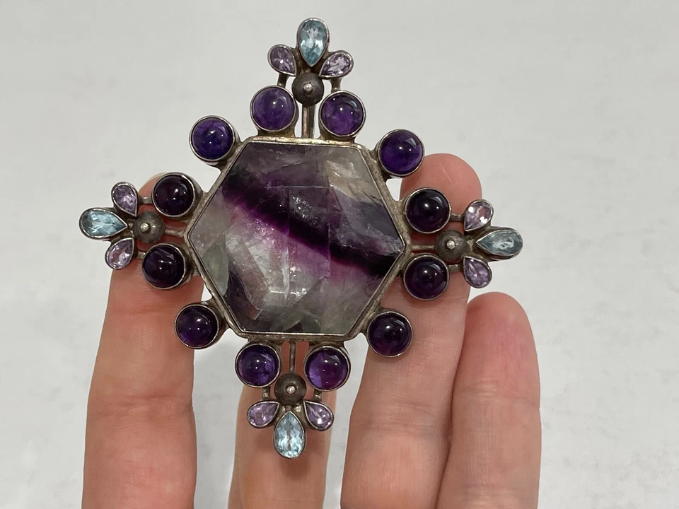 Antiguo colgante de plata esterlina Echos con cuarzo púrpura piedras transparentes y azules Foto 2 de 4