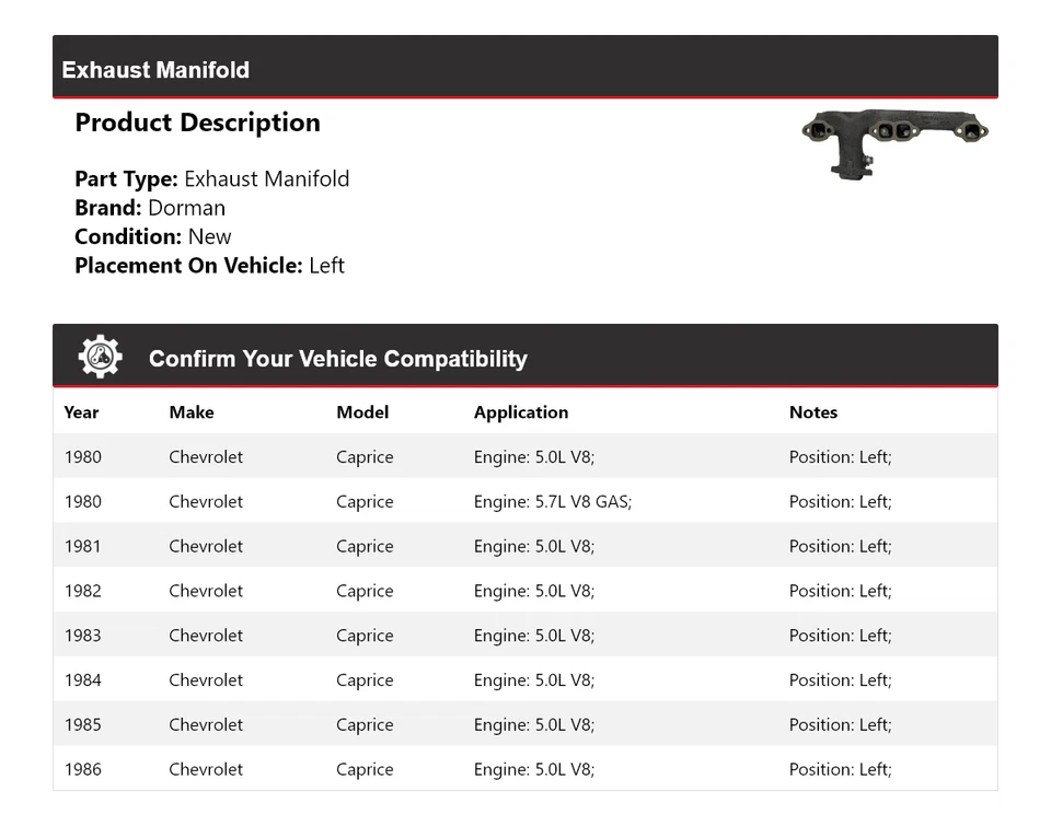 Colector de escape izquierdo para Chevrolet Caprice Dorman 1980-1986 1981 1982 1983 1984 Foto 2 de 4