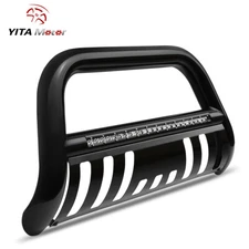 for 2005-2015 Toyota Tacoma Black Bull Bar Bumper Grille Guard w/ LED Light Bar