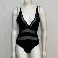 Tinibikini Mesh Inset One Piece Swimsuit L Black Nylon Spandex V Neck Adjustable