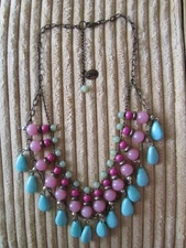 Vintage ZAD Turquoise & Pink Glass Bead Bib Necklace