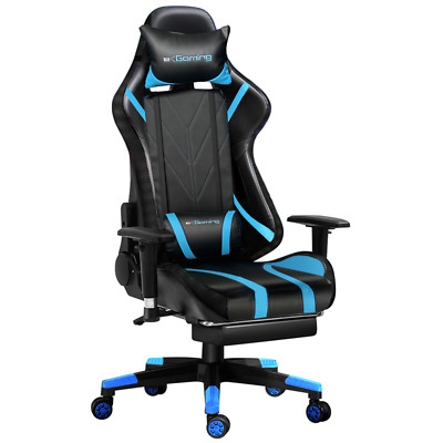 E-Gaming - Gaming Chair Office Chair  - Blue- pillow & footrest included