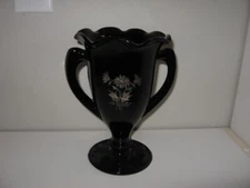 Double Handled Black Glass Vase w/Gold Daisy Design 8" VGC 