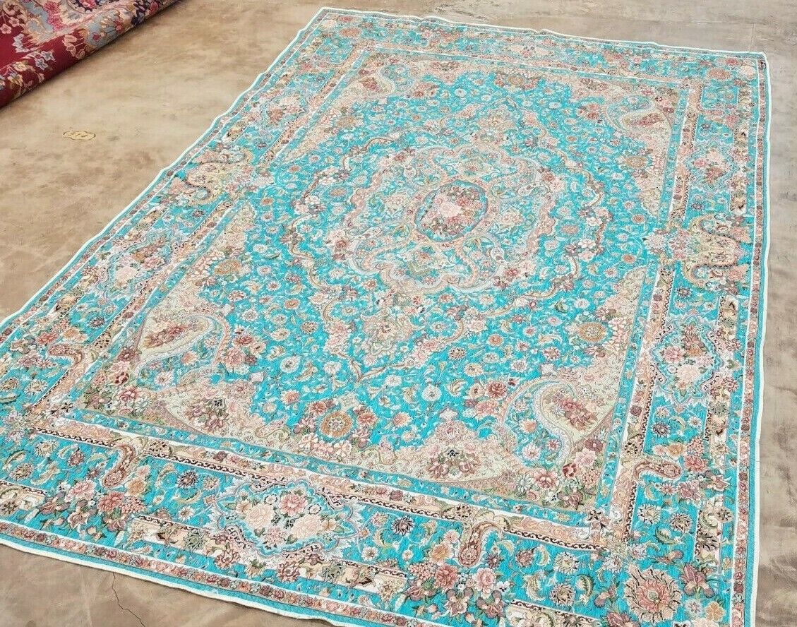 6'7"x10' FRENCH TAPESTRY WOVEN STYLE RUG HERIKEH TABRIZI NEW TURQUOISE COLOR