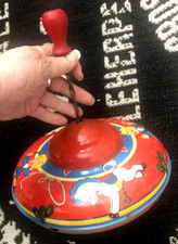 Vtg X Large OHIO ART Tin Litho SPINNING TOP TOY Red Blue Yellow COWBOY PONY