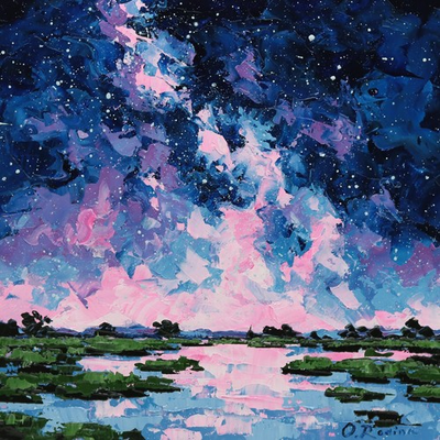 #ad Oil Painting Original Milky Way Night Landscape on Canvas Signed Textured Marsh $80.00