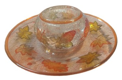 2 Piece - Yankee Candle Leaf Cornucopia Cracked Glass Tealight Holder & Dish Set