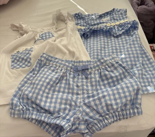 Gymboree Girls 4T Three Piece Set/Shorts, Tank & Shirt/Blue Gingham w Daisies
