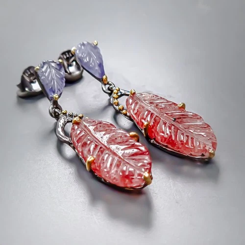 Pendientes de cuarzo fresa natural joyería piedras preciosas plata de ley 925/E128009 Foto 2 de 4