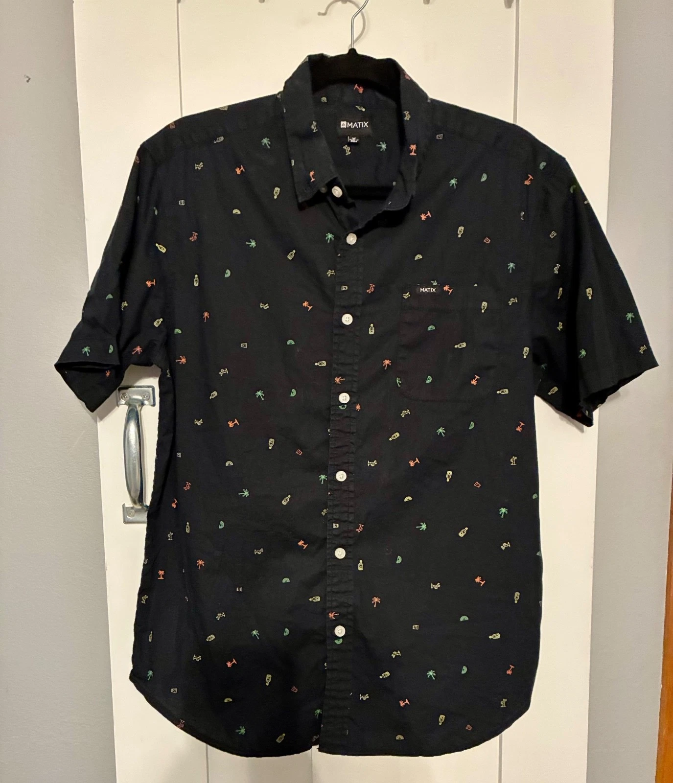 Matix Mens Black Tropical Micro Print Short Sleeve Button Down Shirt Medium M image 1