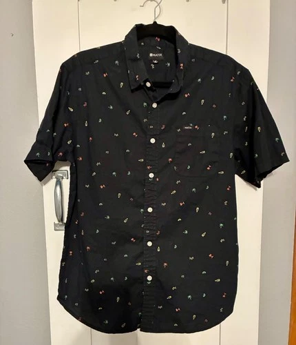 Matix Mens Black Tropical Micro Print Short Sleeve Button Down Shirt Medium M - product listing photo