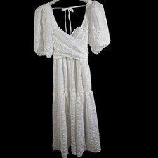 Lulus Hello Sweetheart White Puff Sleeve Tiered Midi Dress Size S Boho Bridal