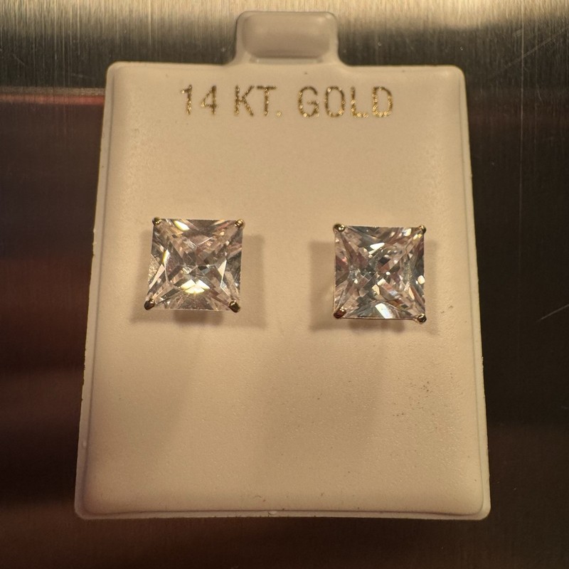14kt Solid Gold 8MM Princess Cut Square Simulated-Diamond CZ Screwback Earrings