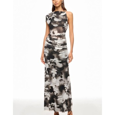 Bec & Bridge Gray Mesh Maxi Dress SIZE 4 Formal Gown Floral Ruched Designer $300