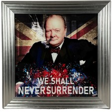 silver framed liquid art picture of Winston Churchill - Never Surrender 86x86cms