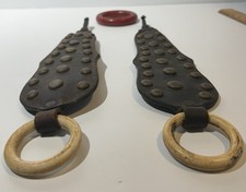Antique Equestrian Horse Harness Leather Line Spreader. Celluloid Rings & Brass 