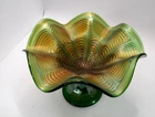 Vintage Fenton Green Carnival Glass Peacock Tail Pedestal Compote
