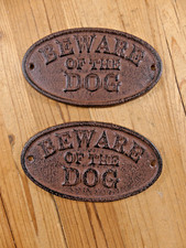 2 BEWARE OF THE DOG SIGNS RUSTIC DECOR FENCE KENNEL GATE SIGN CAST IRON WARNING