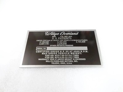 DATA PLATE VINTAGE FOR WILLYS OVERLAND TRUCK 1948-53 #V276-8 @GLB