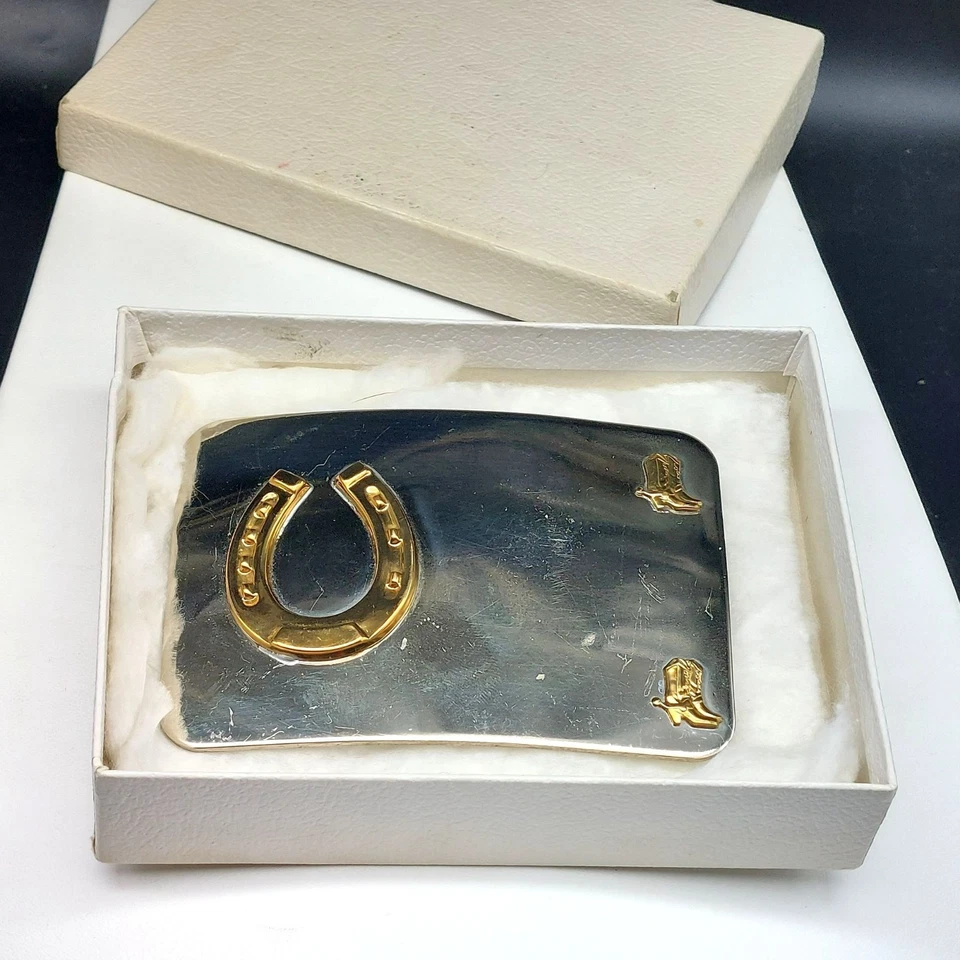 Vintage Sand Sage Nickel Silver Horseshoe and Cowboy Boots Belt Buckle Denver CO - Image 4 of 4