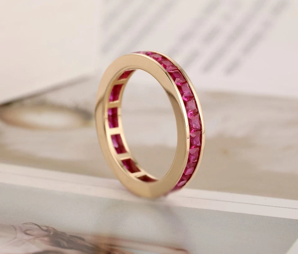 Ruby Wedding Band Ruby Full Eternity Band 925 Sterling Silver Gold Plated Band - Image 2 of 4
