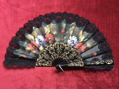Vintage FÄCHER mit SCHWARZE SPITZE und BLUMENDEKOR HANDBEMALT Spanien