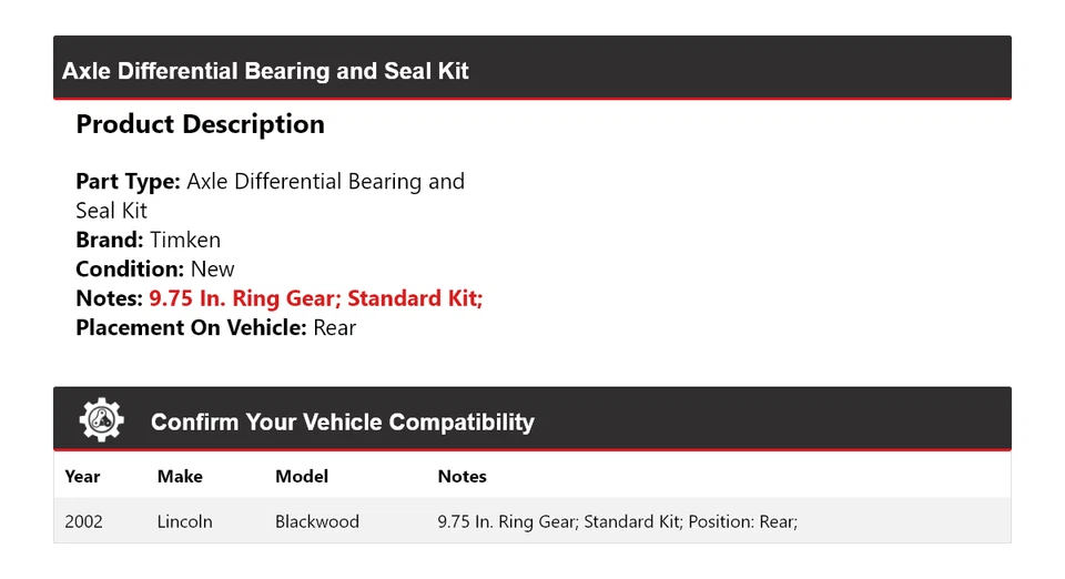 Kit de cojinete y sello diferencial eje Lincoln Blackwood 2002 Timken trasero Foto 2 de 3
