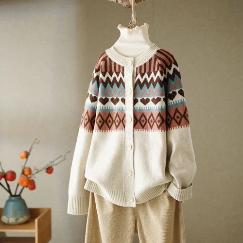 Lady Knitted Sweater Coat Jacket Tops Loose Cardigan Ethnic Knitwear Retro Warm - Bild 7 von 21