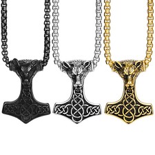 Men's Viking Wolf Head Thor Mjolnir Hammer Pendant Stainless Steel Necklace 22"