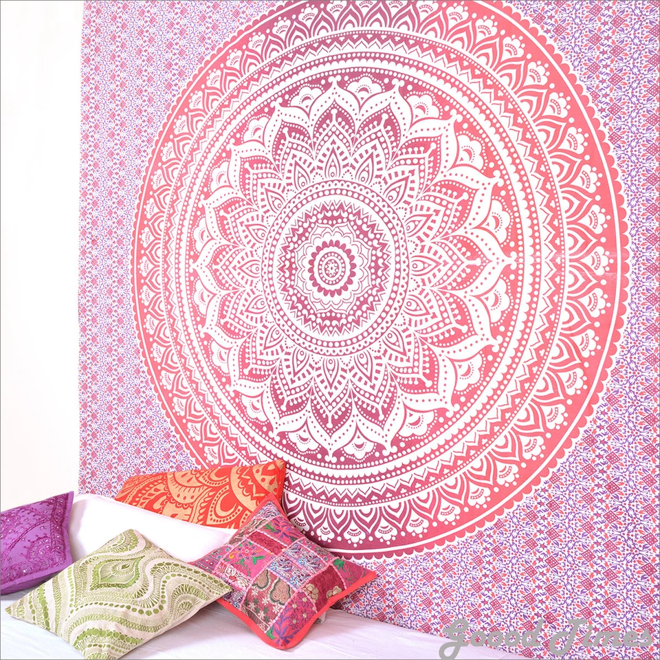 Tapiz de pared indio ombre rosa algodón tamaño queen sábana decoración Foto 3 de 4