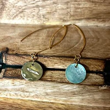 Teal Shell and Gold Coin drop Earrings