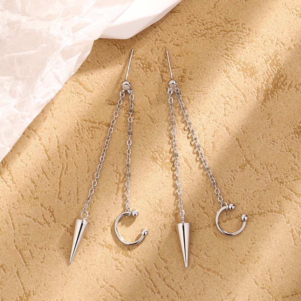 1Pc Punk Rock Rivets Chain Tassel Dangle Ear Stud Cuff Earrings Eardrop S1