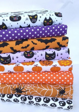 HALLOWEEN POLY COTTON FABRIC BUNDLE 8 X FAT QUARTERS & SQUARES BAT CAT SPIDER