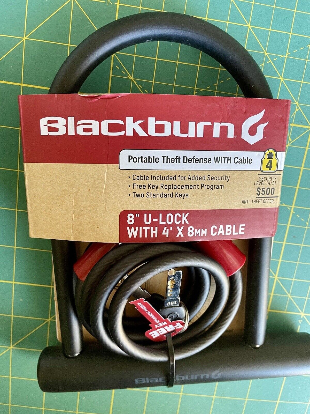 Blackburn 8" Bicycle Key U-Lock with 4' x 8mm Steel Cable, Black