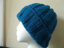 Hand knitted warm 100 natural rustic country wool beanie/hat, med. blue, men's