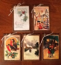 NEW 5 Handcrafted Wooden Vintage Style Christmas Ornaments - Hang Tags Set q