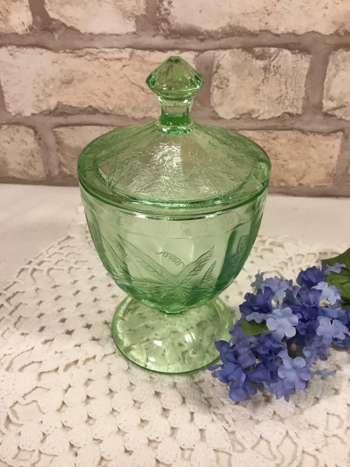 Green Depression Glass Candy Jar Poinsettia Floral w Lid Jeanette 1930s! Glows! - Image 4 of 4