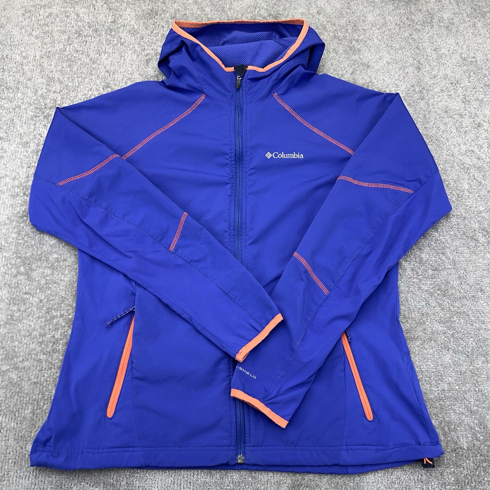 COLUMBIA Women’s XL Omni Shield Jacket Full Zip Soft Shell Hood Rain Wind Blue