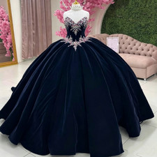 Velvet Quinceanera Dresses Navy Blue Beaded Sweet 15 16 XV Party Ball Gowns