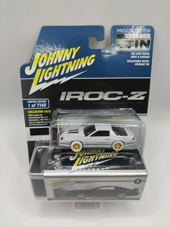 Chevy Camaro Z28 IROC-Z Johnny White Lightning 1989 llantas de oro blanco lata de almacenamiento Foto 3 de 4